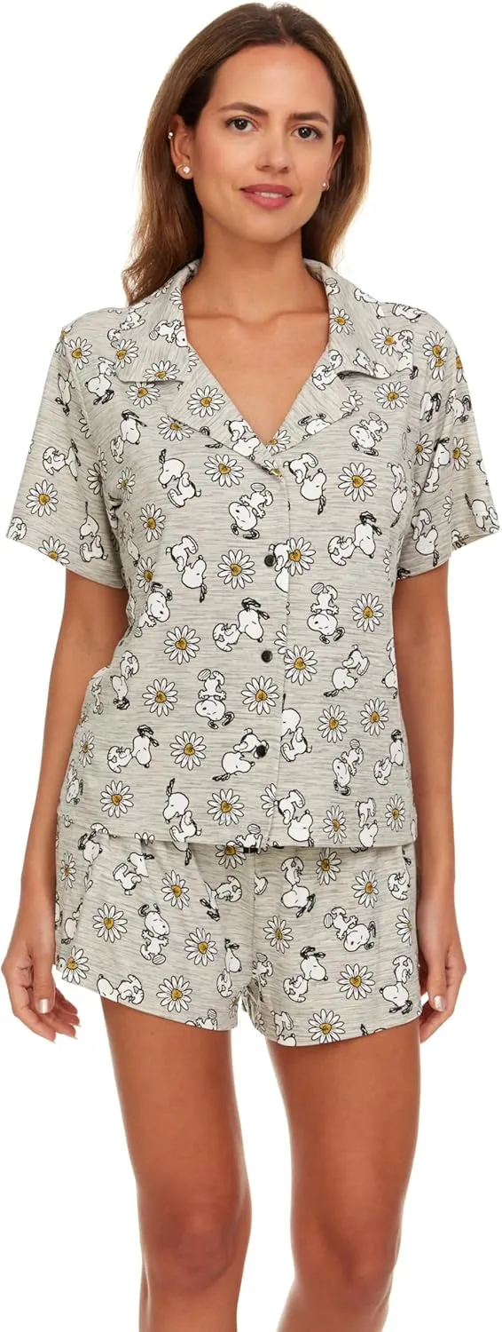 Womens Pamaja Sets - 2 Piece Peanuts Snoopy Shorts Sleeve Button Down Top and Pajama Shorts Set for Women (S-XL)
