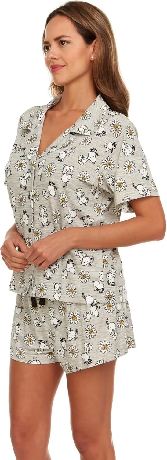 Womens Pamaja Sets - 2 Piece Peanuts Snoopy Shorts Sleeve Button Down Top and Pajama Shorts Set for Women (S-XL)