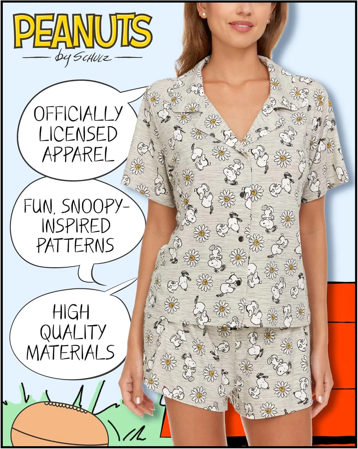 Womens Pamaja Sets - 2 Piece Peanuts Snoopy Shorts Sleeve Button Down Top and Pajama Shorts Set for Women (S-XL)