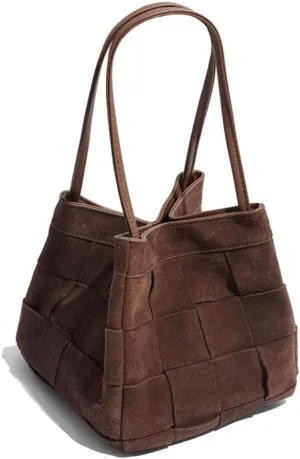 Women's Retro Suede Bucket Woven Box Bag Shoulder Crossbody Bag Versatile Handbag Hobo Chic Stylish Vintage Large Capacity