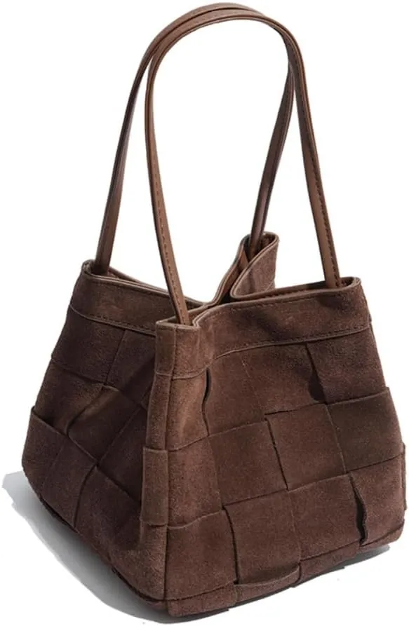 Women's Retro Suede Bucket Woven Box Bag Shoulder Crossbody Bag Versatile Handbag Hobo Chic Stylish Vintage Large Capacity