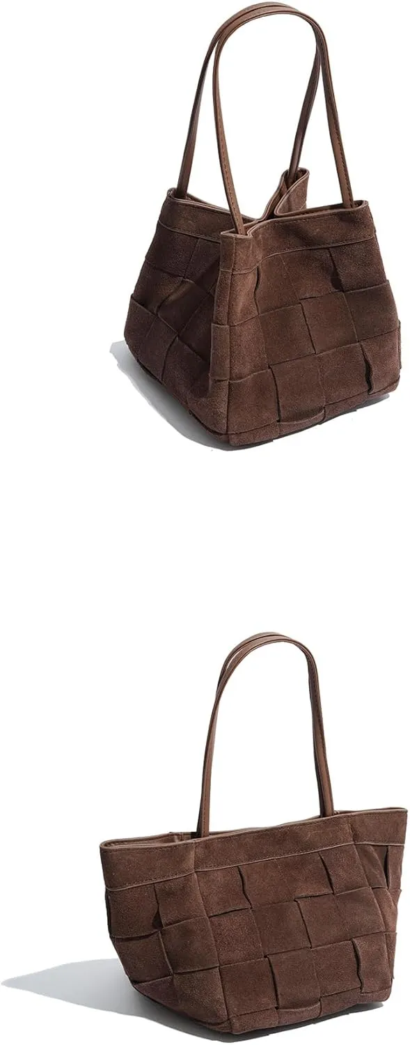 Women's Retro Suede Bucket Woven Box Bag Shoulder Crossbody Bag Versatile Handbag Hobo Chic Stylish Vintage Large Capacity