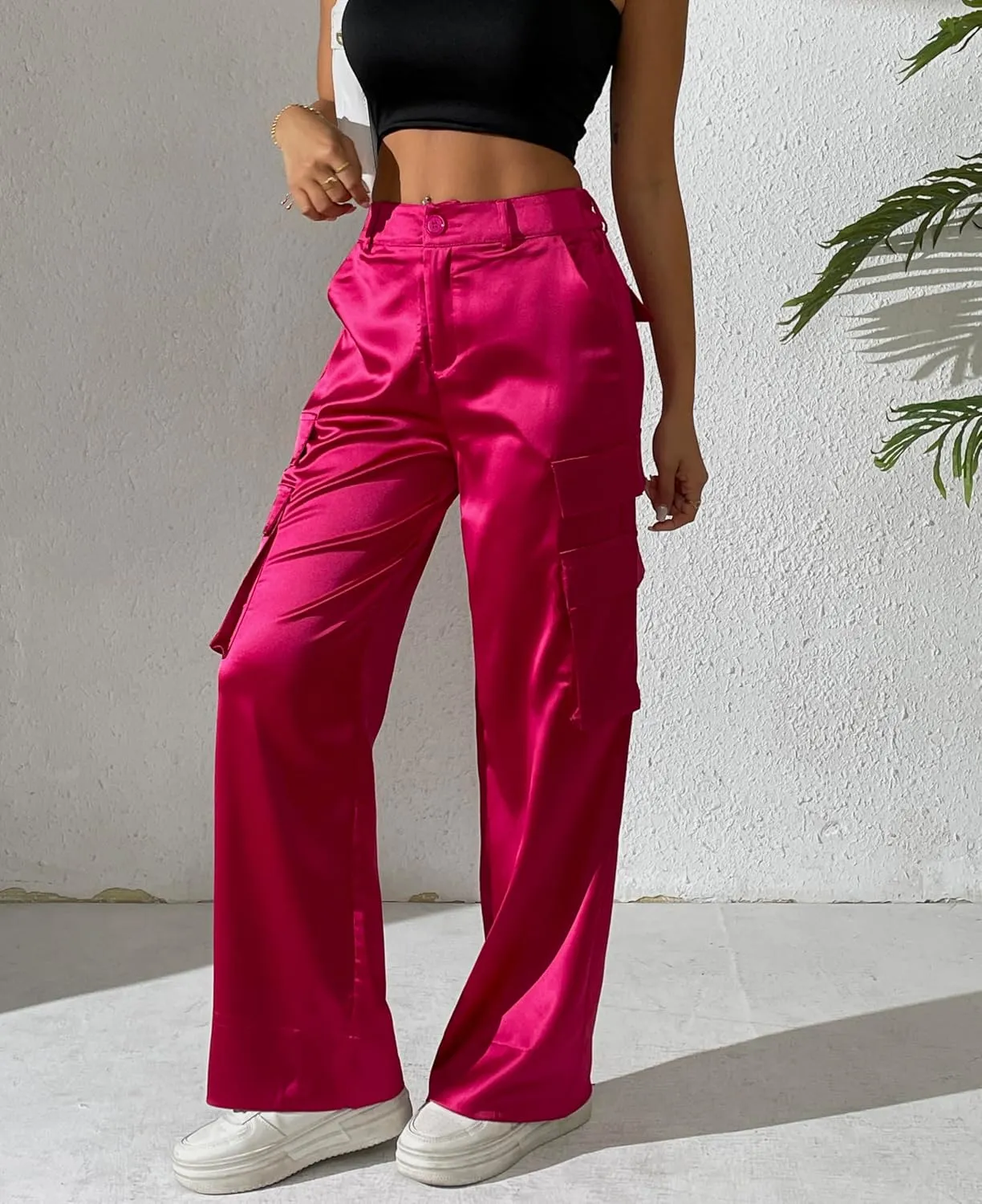 Women's Satin Cargo Wide Leg Pants Silky Party Dressy Casual Pocketed Pant Long Trouser