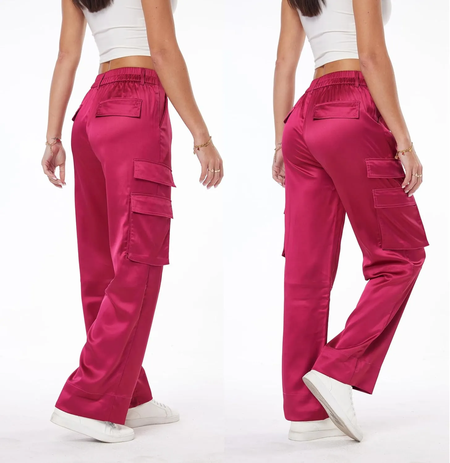 Women's Satin Cargo Wide Leg Pants Silky Party Dressy Casual Pocketed Pant Long Trouser
