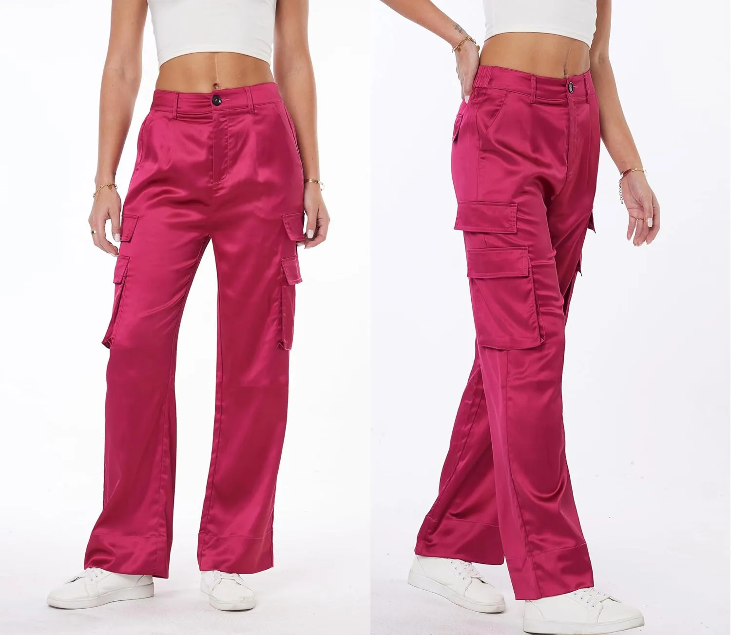 Women's Satin Cargo Wide Leg Pants Silky Party Dressy Casual Pocketed Pant Long Trouser