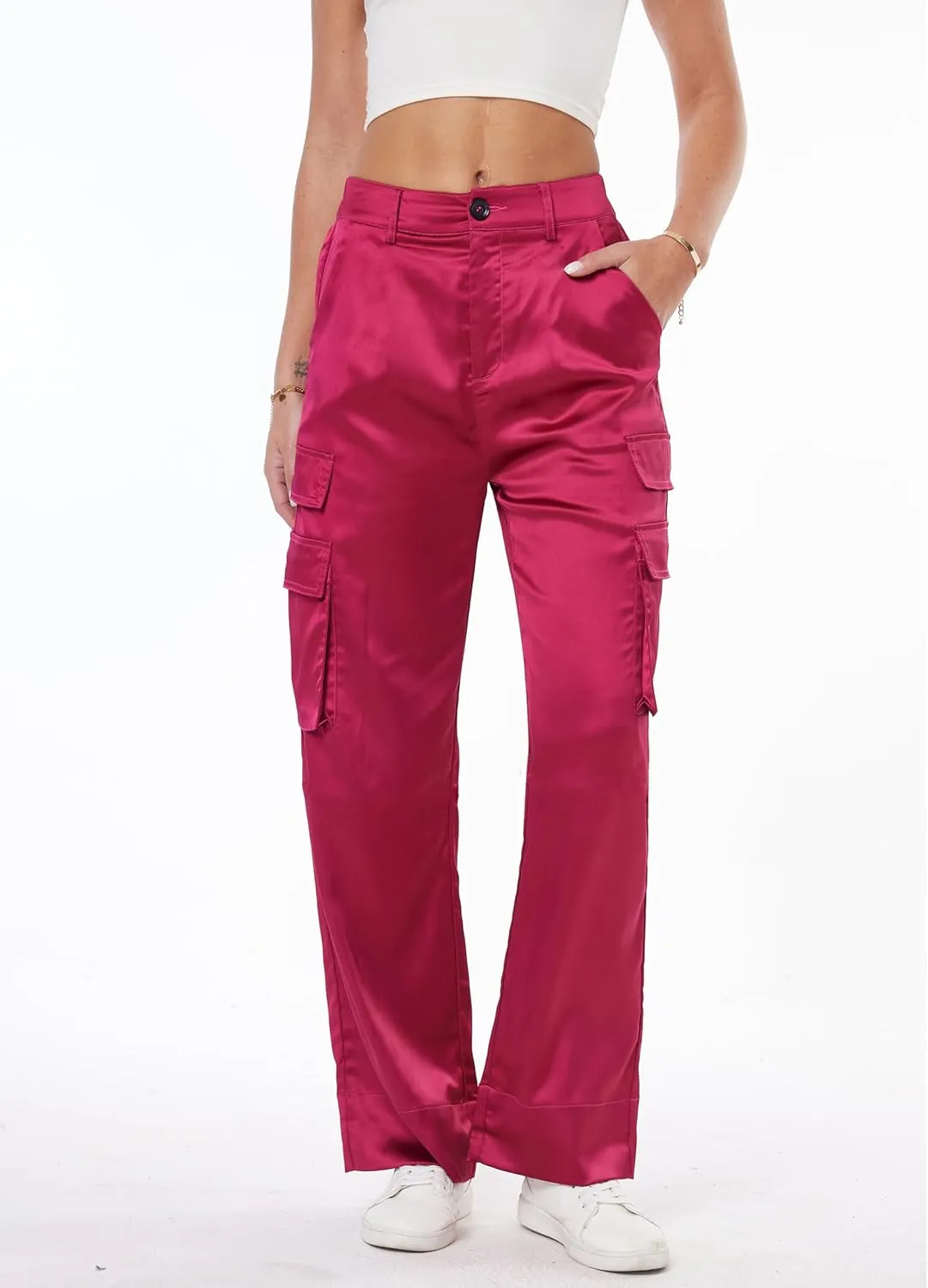 Women's Satin Cargo Wide Leg Pants Silky Party Dressy Casual Pocketed Pant Long Trouser