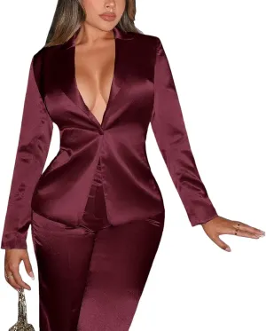 Women's Satin Suit 2 Piece Shiny One Button Blazer Pants Sets Solid Casual Outfits Jacket Pants