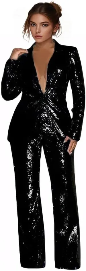 Women's Sequined Fashion Suit Set One Button 2 Piece Wedding Tuxedos Blazer Pants Prom Party Outfit