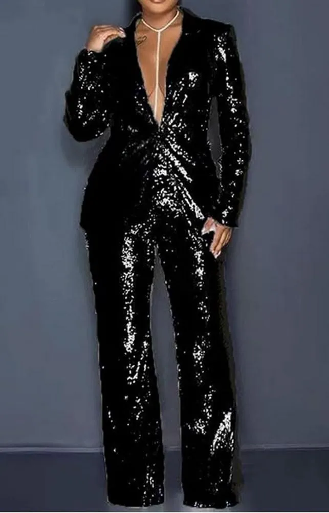 Women's Sequined Fashion Suit Set One Button 2 Piece Wedding Tuxedos Blazer Pants Prom Party Outfit