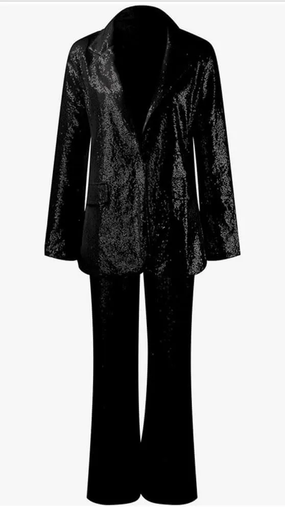 Women's Sequined Fashion Suit Set One Button 2 Piece Wedding Tuxedos Blazer Pants Prom Party Outfit