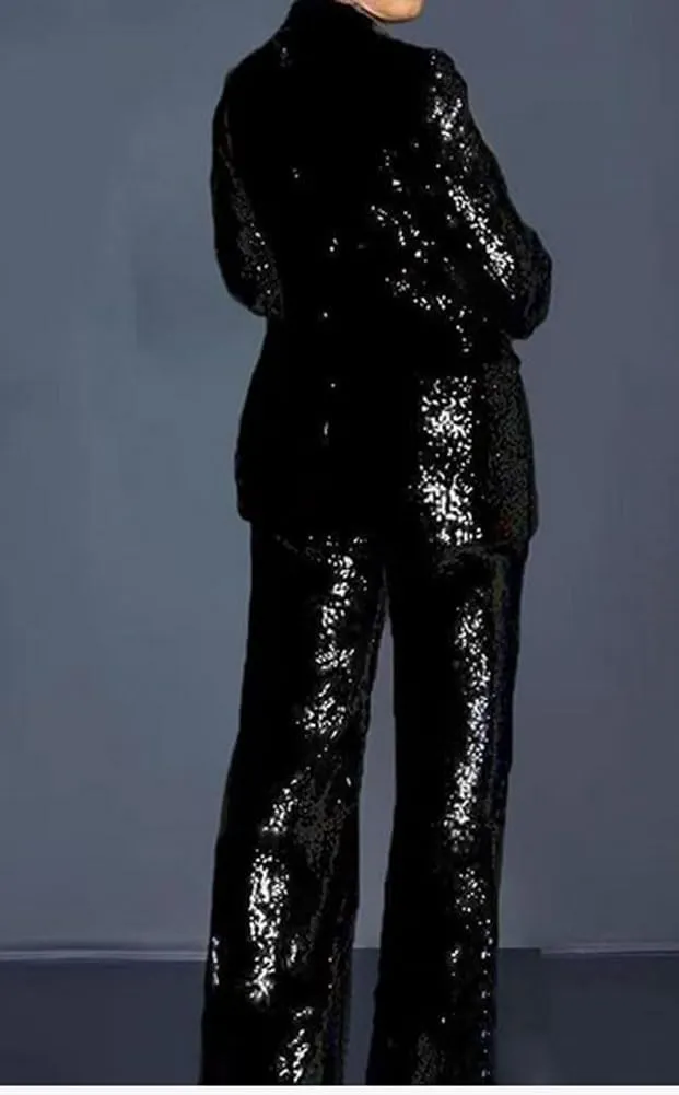 Women's Sequined Fashion Suit Set One Button 2 Piece Wedding Tuxedos Blazer Pants Prom Party Outfit
