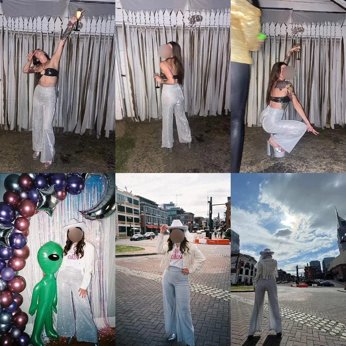Women's Sexy High Waist Wide Leg Palazzo Lounge Pants Metallic Glitter Bell Bottoms Trousers Rave Party