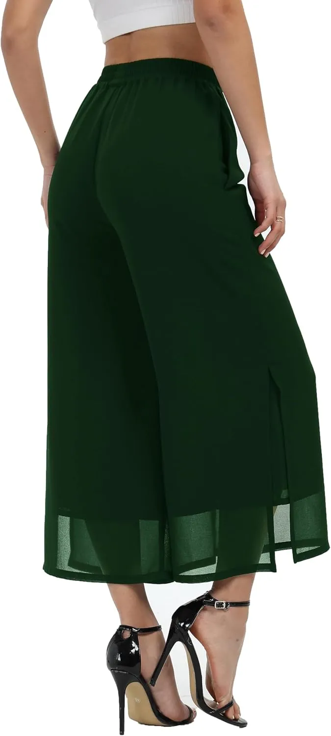 Women's Summer Capris Wide Leg Palazzo Pants Dressy Casual Split Chiffon Trousers