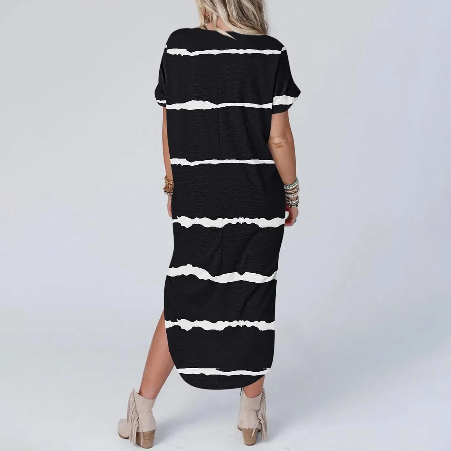 Women's Summer Casual Loose Dress Short Sleeve V-Neck Dress Split Maxi Beach Sundress Travel Vacation Outfits