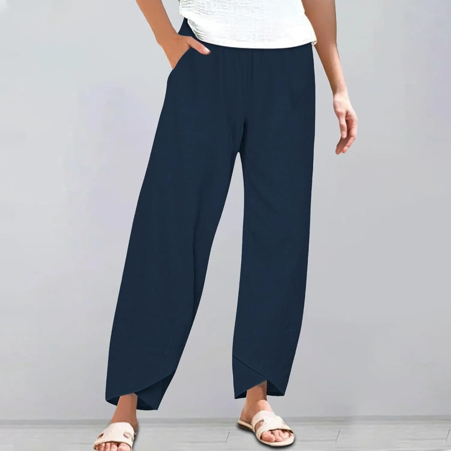 Womens Summer Cotton Linen Pants 2025 Casual Capri Pants with Pockets Cropped High Waisted Comfy Baggy Trousers