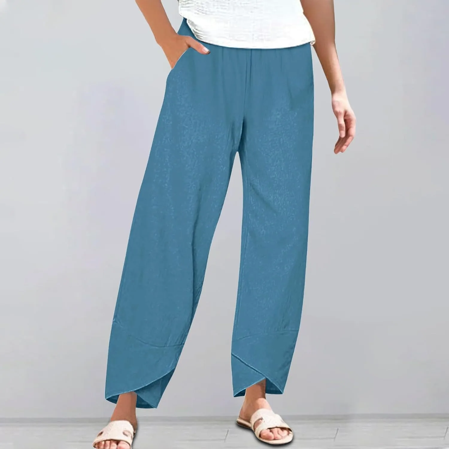 Womens Summer Cotton Linen Pants 2025 Casual Capri Pants with Pockets Cropped High Waisted Comfy Baggy Trousers