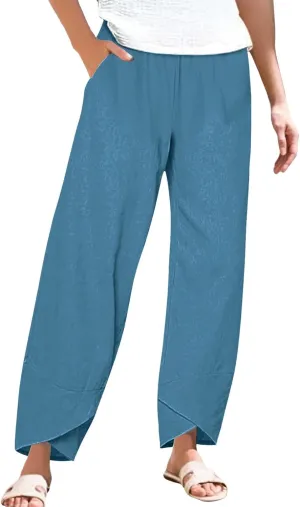 Womens Summer Cotton Linen Pants 2025 Casual Capri Pants with Pockets Cropped High Waisted Comfy Baggy Trousers