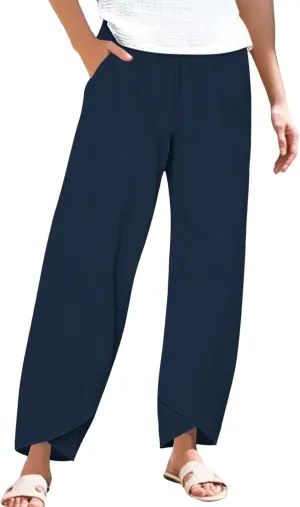 Womens Summer Cotton Linen Pants 2025 Casual Capri Pants with Pockets Cropped High Waisted Comfy Baggy Trousers