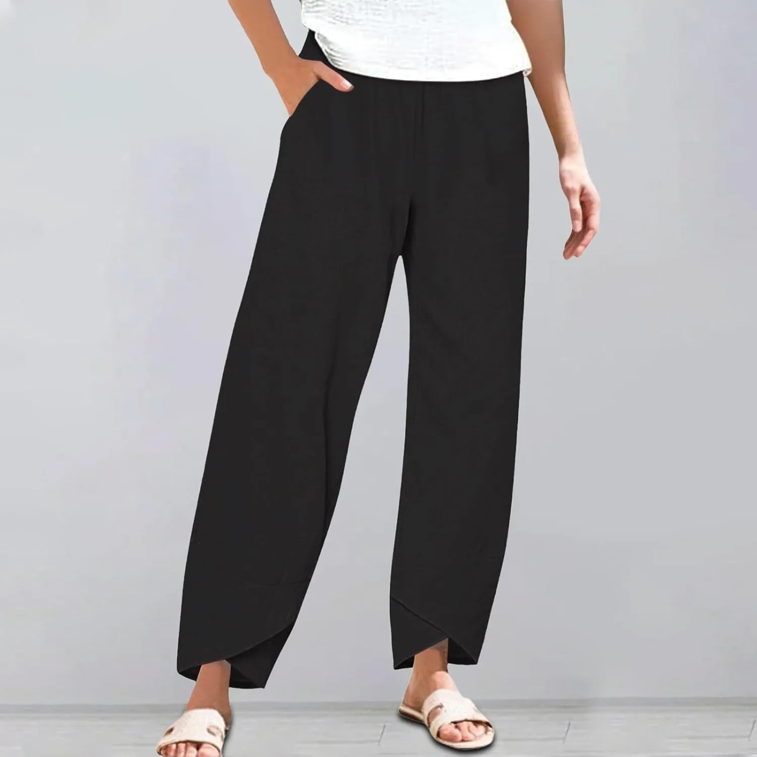 Womens Summer Cotton Linen Pants 2025 Casual Capri Pants with Pockets Cropped High Waisted Comfy Baggy Trousers