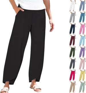 Womens Summer Cotton Linen Pants 2025 Casual Capri Pants with Pockets Cropped High Waisted Comfy Baggy Trousers