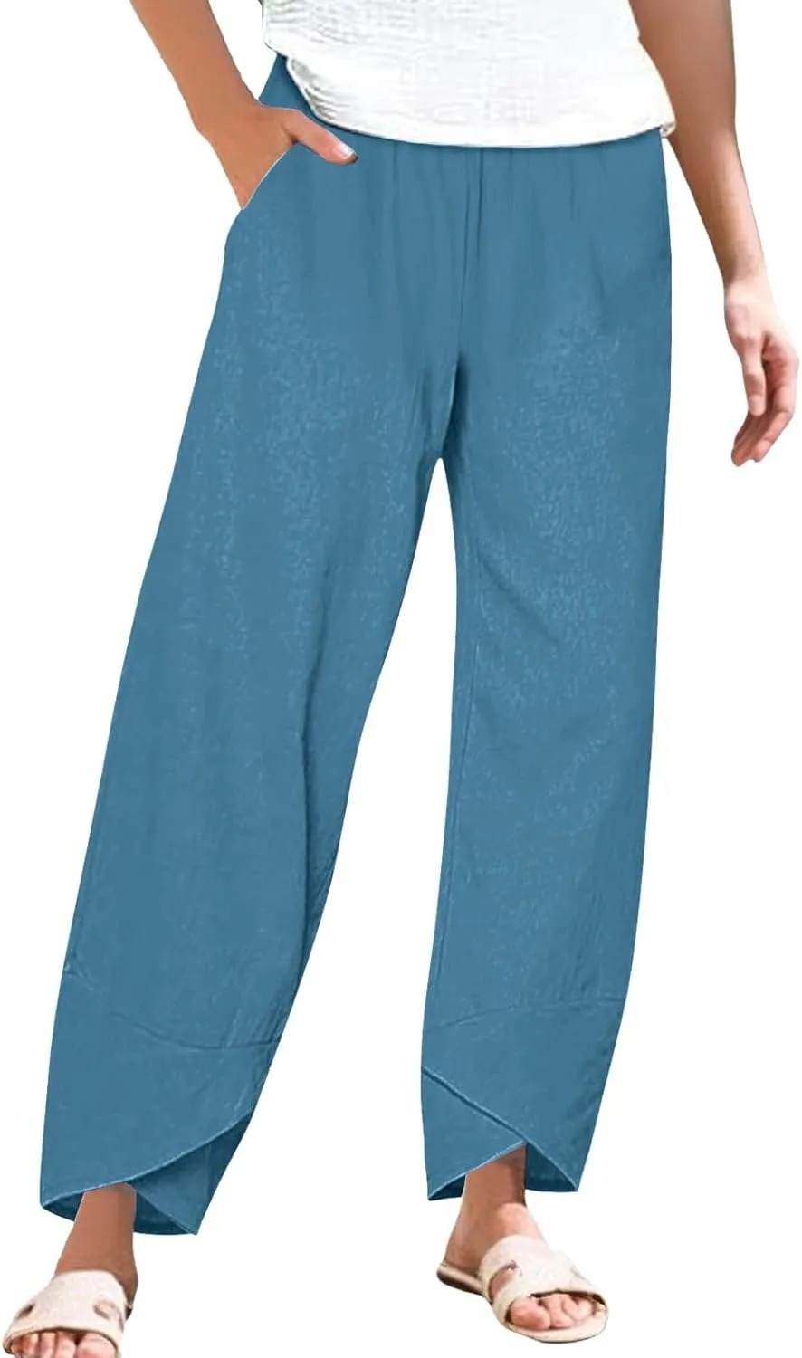 Womens Summer Cotton Linen Pants 2025 Casual Capri Pants with Pockets Cropped High Waisted Comfy Baggy Trousers