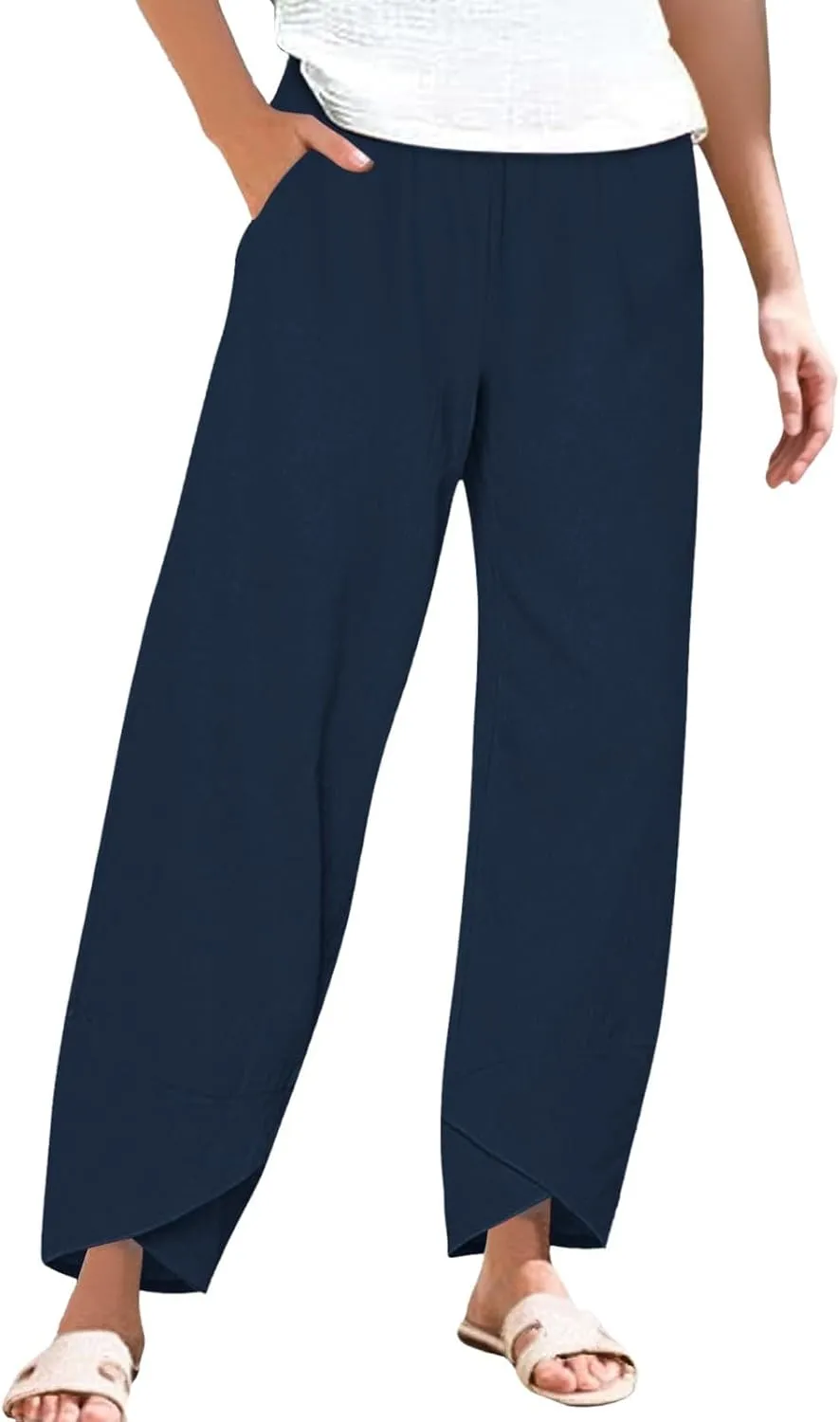 Womens Summer Cotton Linen Pants 2025 Casual Capri Pants with Pockets Cropped High Waisted Comfy Baggy Trousers