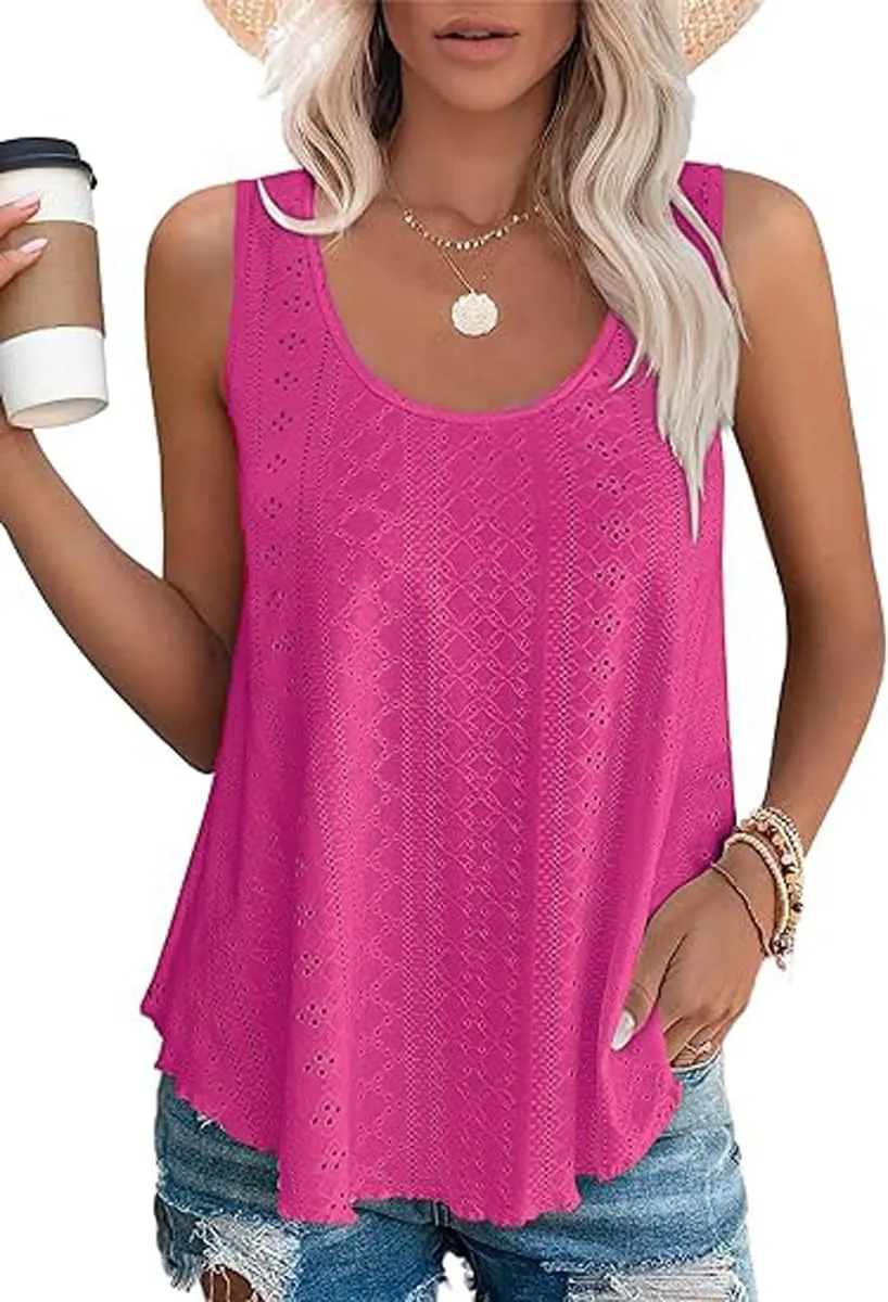 Womens Tank Tops Eyelet Embroidery Sleeveless Cami Scoop Neck Loose Casual Summer Camisole Shirts