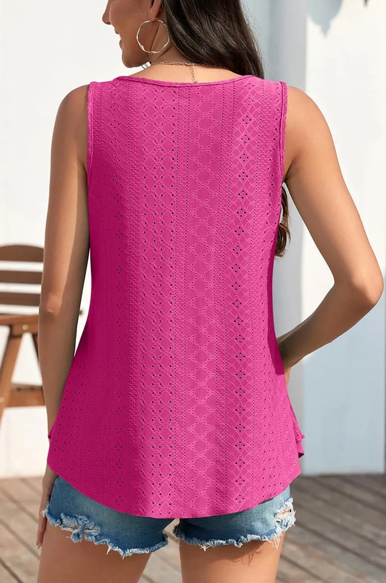 Womens Tank Tops Eyelet Embroidery Sleeveless Cami Scoop Neck Loose Casual Summer Camisole Shirts