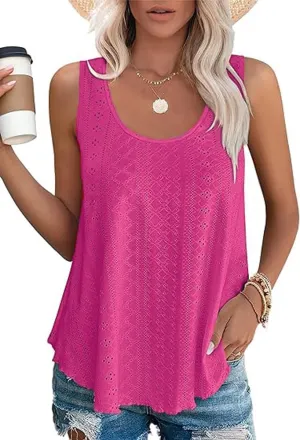 Womens Tank Tops Eyelet Embroidery Sleeveless Cami Scoop Neck Loose Casual Summer Camisole Shirts