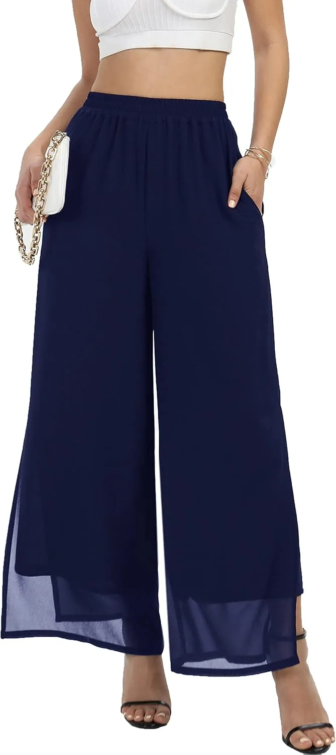 Women's Wide Leg Chiffon Dress Palazzo Pants Casual Split Hem Summer Trousers Party Club Pant