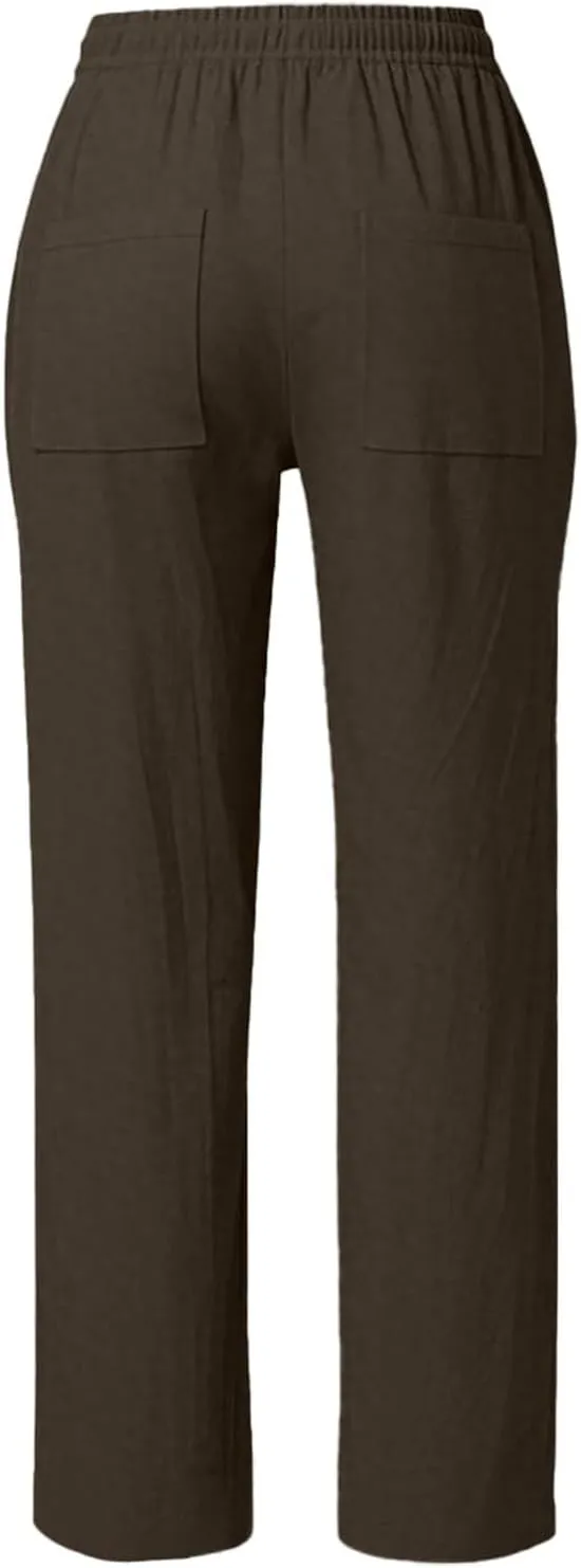 Women's Wide Leg Pants High Waisted Business Work Casual Linen Trousers 2025 Summer Comfy Palazzo Pants with Pockets