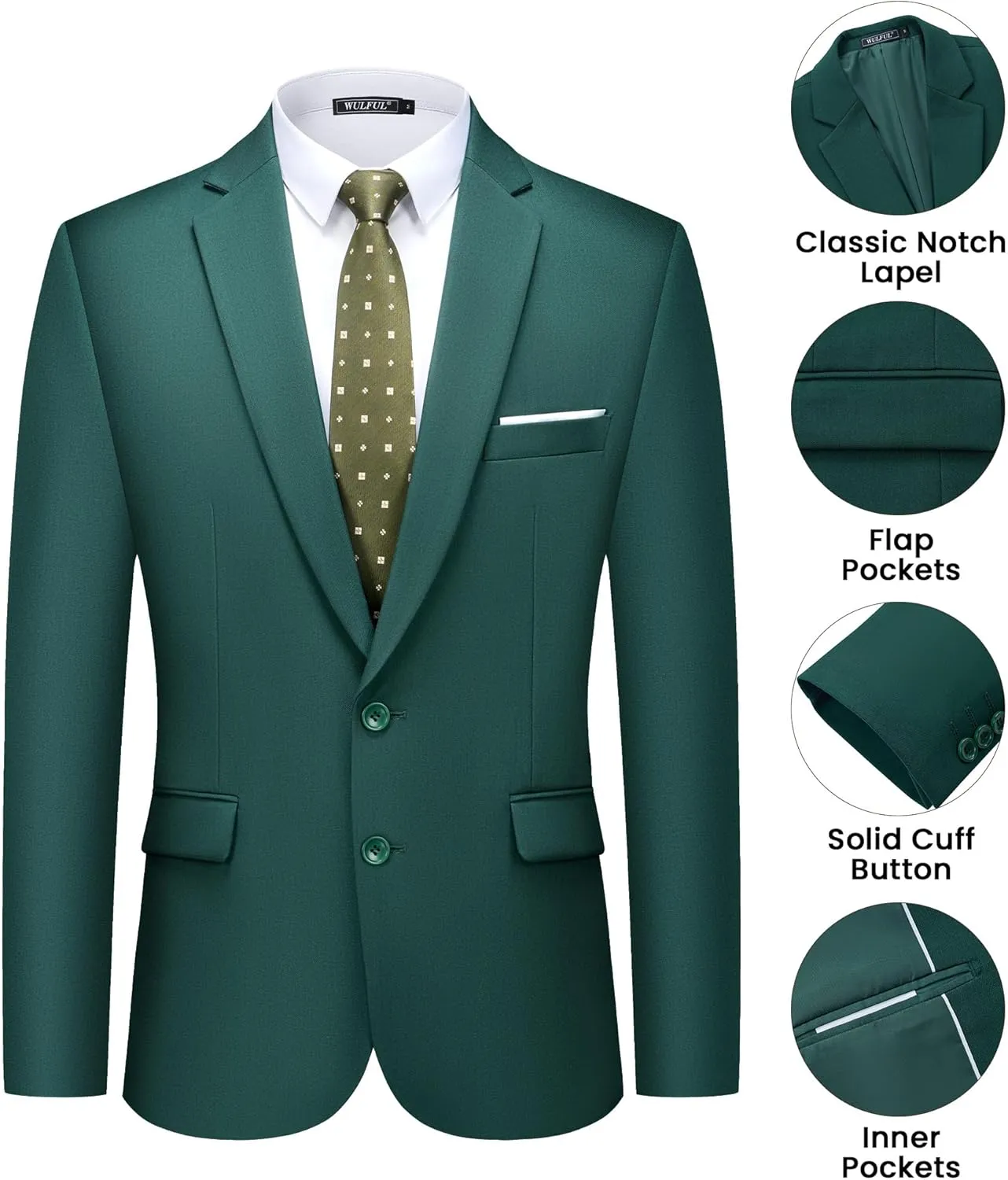 WULFUL Men's 2 Piece Suits Slim Fit Two Button Blazer Jacket Pants Set for Party,Wedding and Business
