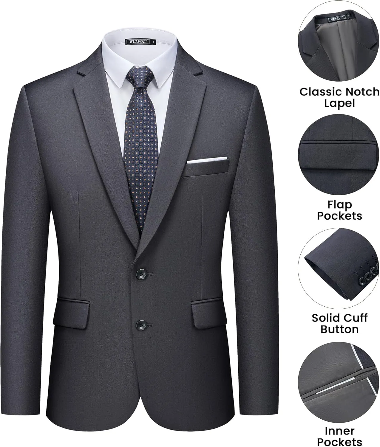 WULFUL Men's 2 Piece Suits Slim Fit Two Button Blazer Jacket Pants Set for Party,Wedding and Business