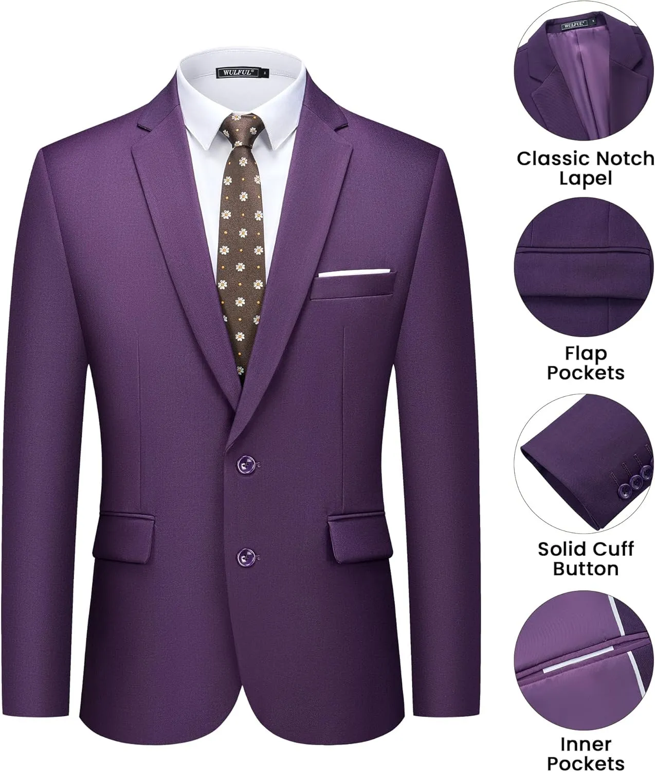 WULFUL Men's 2 Piece Suits Slim Fit Two Button Blazer Jacket Pants Set for Party,Wedding and Business