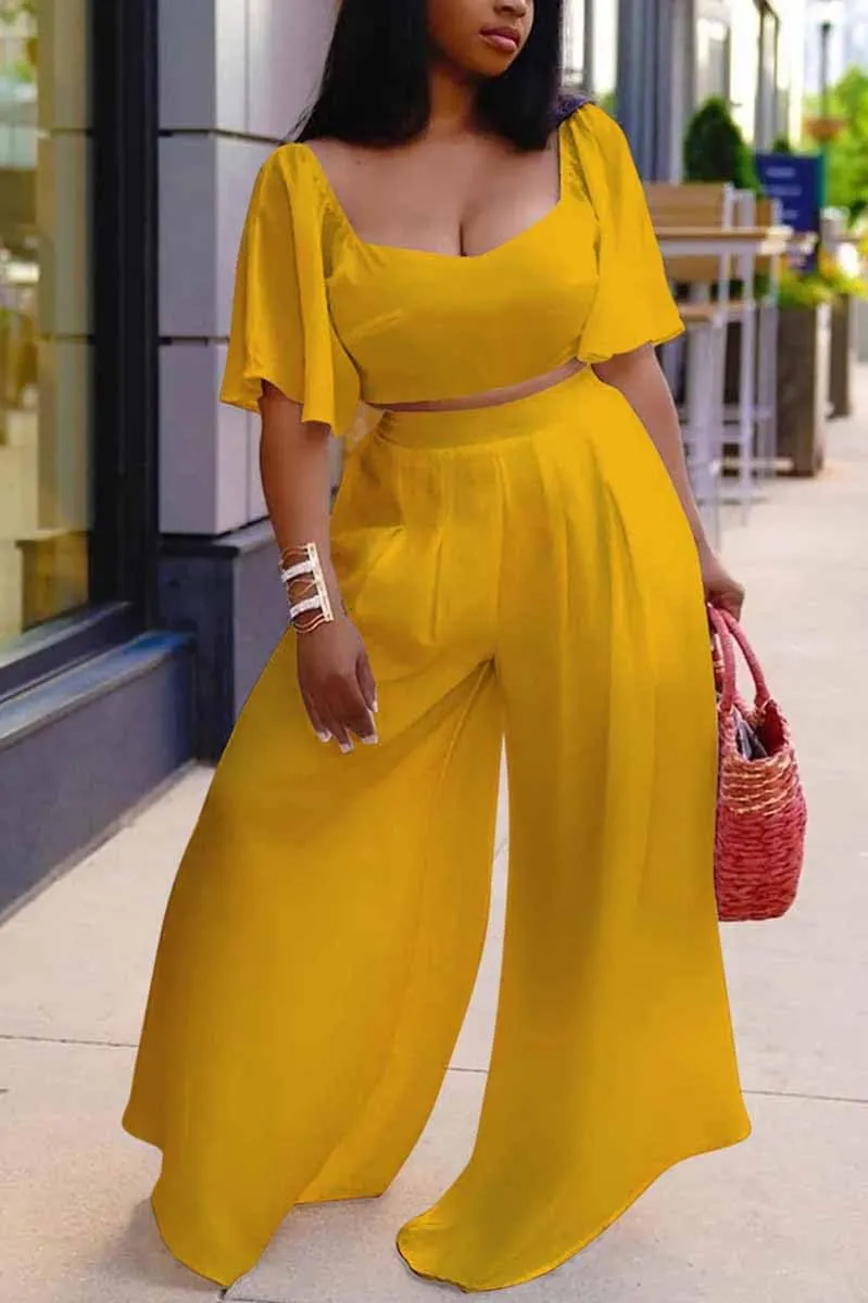 WUSENST Women's Summer 2 Piece Outfits 2025 Ruffle Sleeve Sweetheart Neck Crop Tops Wide Leg Pant Sets Casual Tracksuit