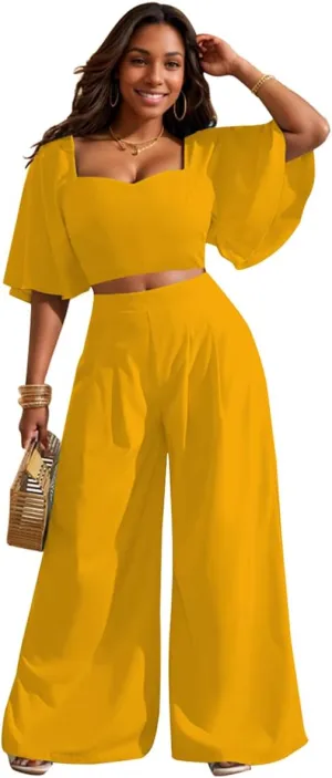 WUSENST Women's Summer 2 Piece Outfits 2025 Ruffle Sleeve Sweetheart Neck Crop Tops Wide Leg Pant Sets Casual Tracksuit