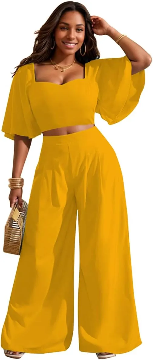 WUSENST Women's Summer 2 Piece Outfits 2025 Ruffle Sleeve Sweetheart Neck Crop Tops Wide Leg Pant Sets Casual Tracksuit