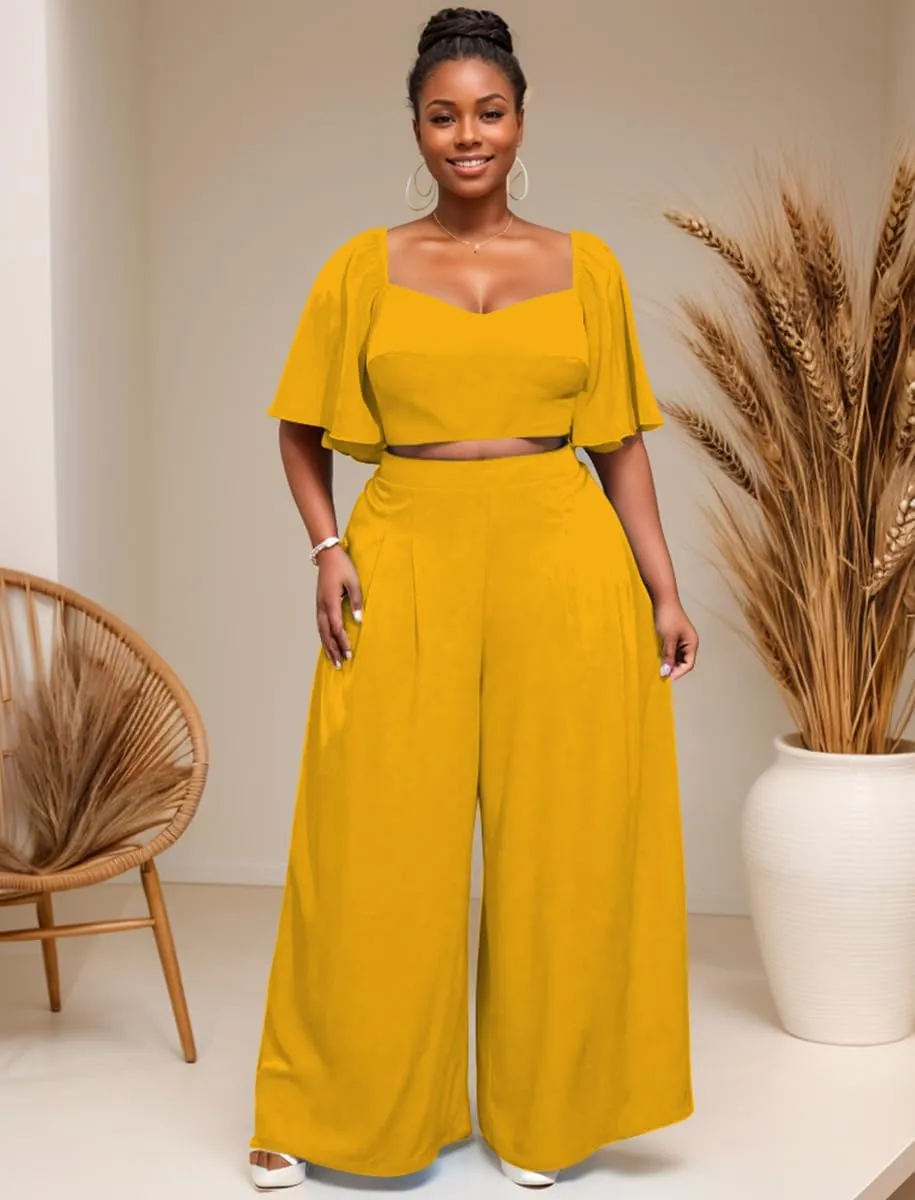 WUSENST Women's Summer 2 Piece Outfits 2025 Ruffle Sleeve Sweetheart Neck Crop Tops Wide Leg Pant Sets Casual Tracksuit