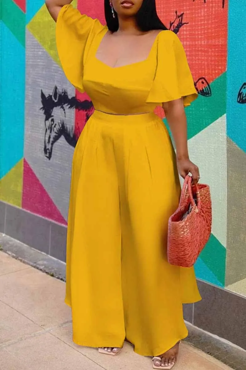 WUSENST Women's Summer 2 Piece Outfits 2025 Ruffle Sleeve Sweetheart Neck Crop Tops Wide Leg Pant Sets Casual Tracksuit