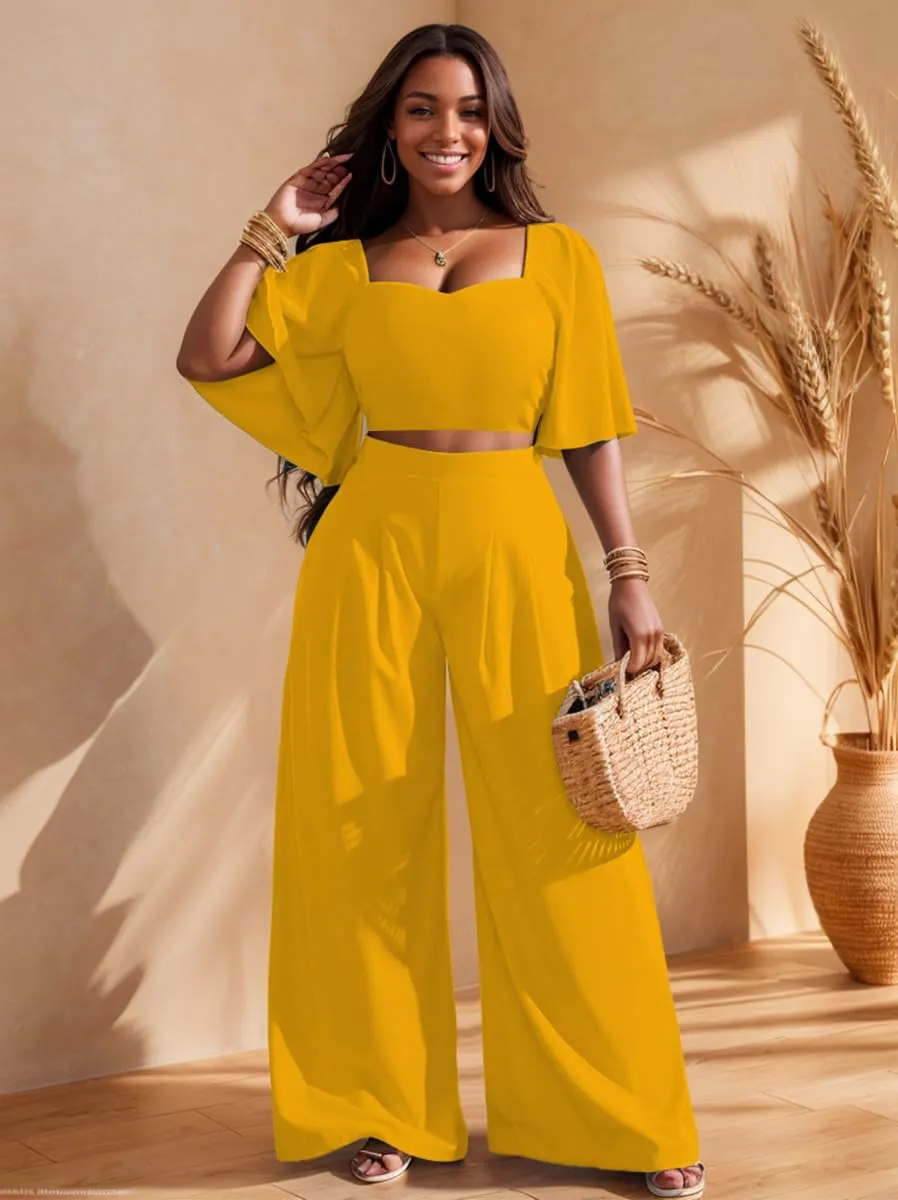 WUSENST Women's Summer 2 Piece Outfits 2025 Ruffle Sleeve Sweetheart Neck Crop Tops Wide Leg Pant Sets Casual Tracksuit