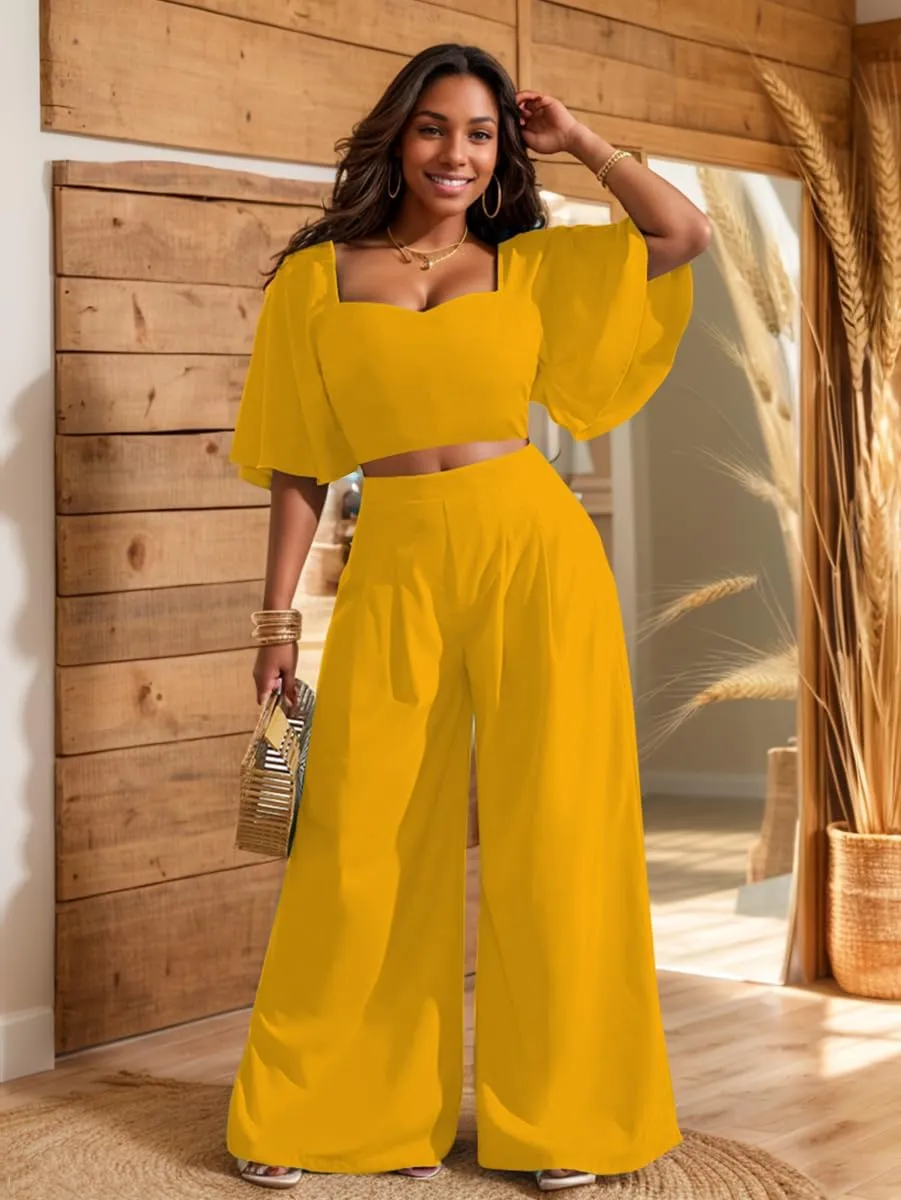 WUSENST Women's Summer 2 Piece Outfits 2025 Ruffle Sleeve Sweetheart Neck Crop Tops Wide Leg Pant Sets Casual Tracksuit