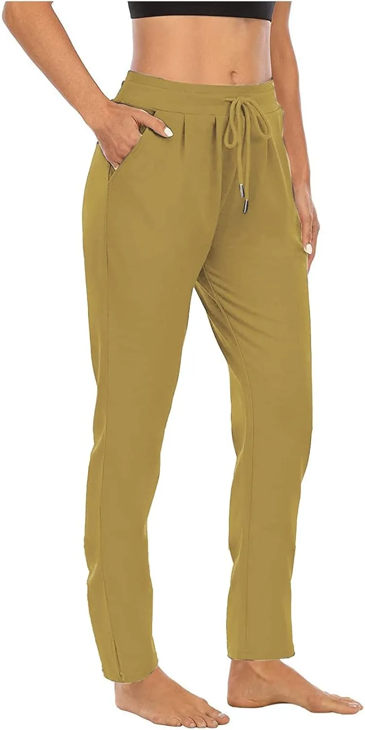 XUNRYAN Yoga Pants Women Pockets Lightweight Hiking Pants Drawstring High Waist Joggers Fitness Athletic Workout Trousers