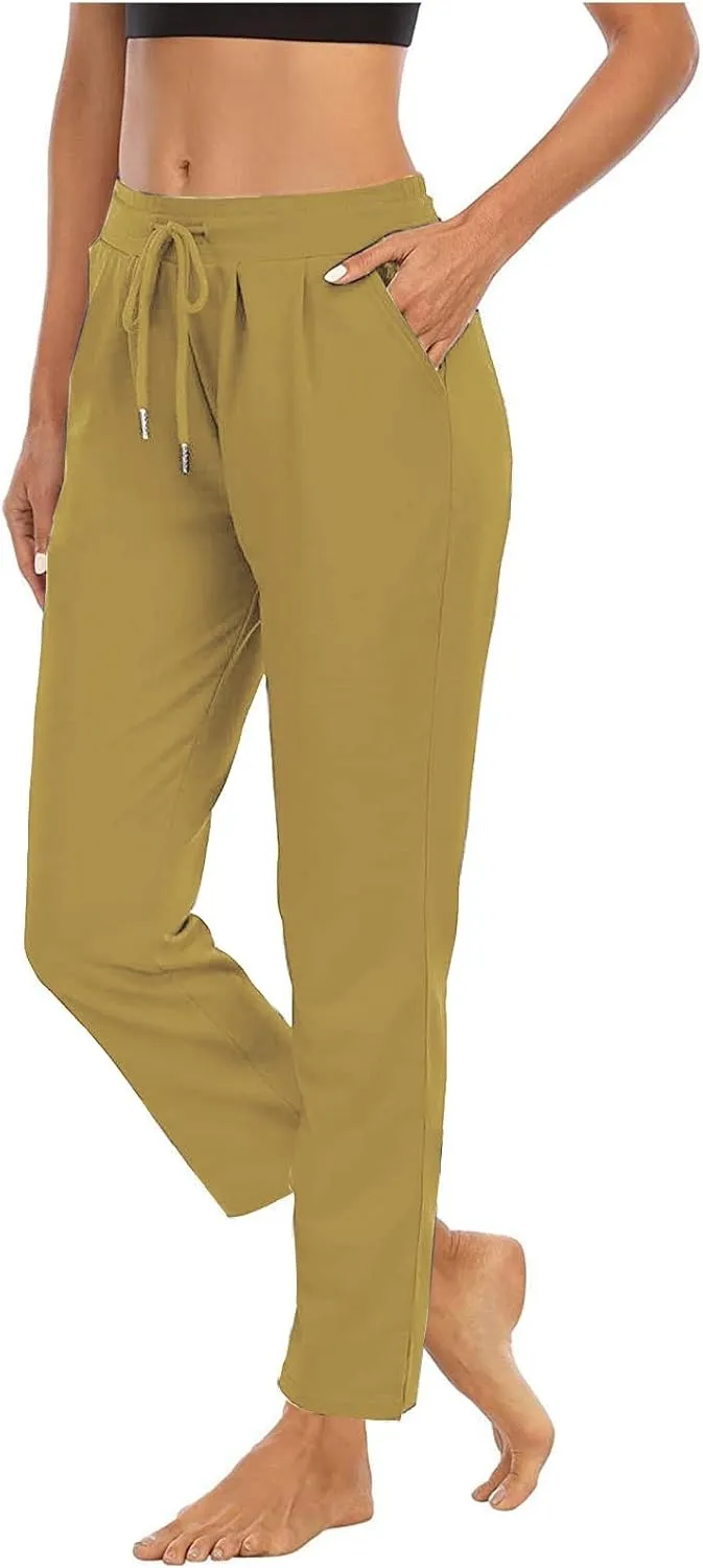 XUNRYAN Yoga Pants Women Pockets Lightweight Hiking Pants Drawstring High Waist Joggers Fitness Athletic Workout Trousers