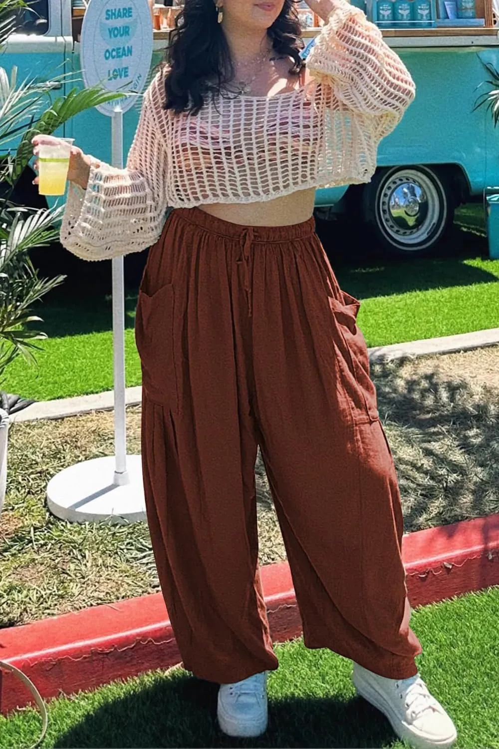 YOCUR Women Summer Beach Vacation Pants High Waisted Wide Leg Pants Printed Loose Flowy Casual Palazzo Lounge Trousers