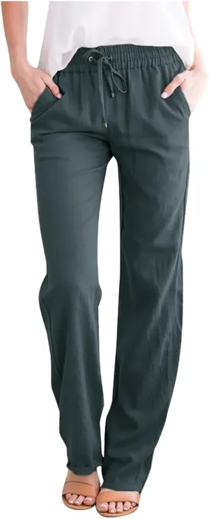 YRAETENM Linen Pants Women Summer Casual Comfy Cotton Linen Pants Drawstring Elastic Loose Fit Wide Leg Trousers with Pockets