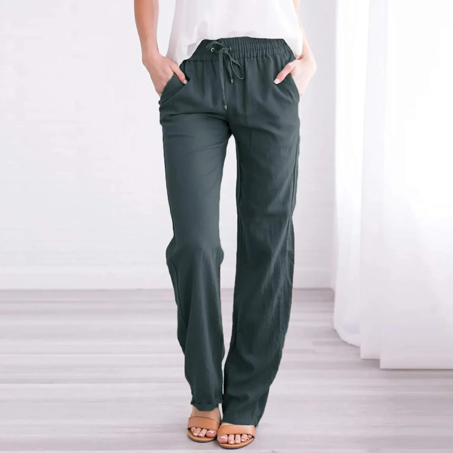 YRAETENM Linen Pants Women Summer Casual Comfy Cotton Linen Pants Drawstring Elastic Loose Fit Wide Leg Trousers with Pockets