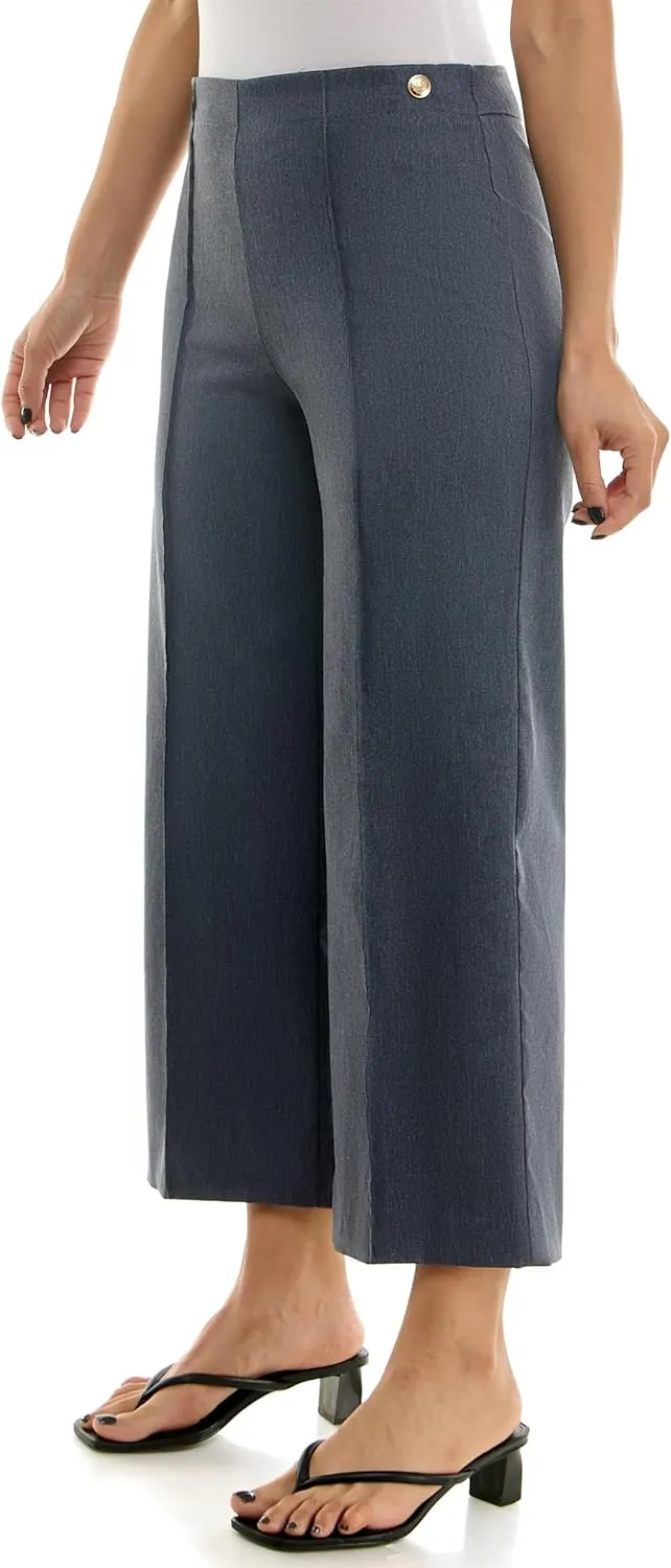 Zac & Rachel Women's Wide Leg Ankle Length Pull On Pant with Fucntional Pockets, Waist Button Detail   Front Stitch Seam