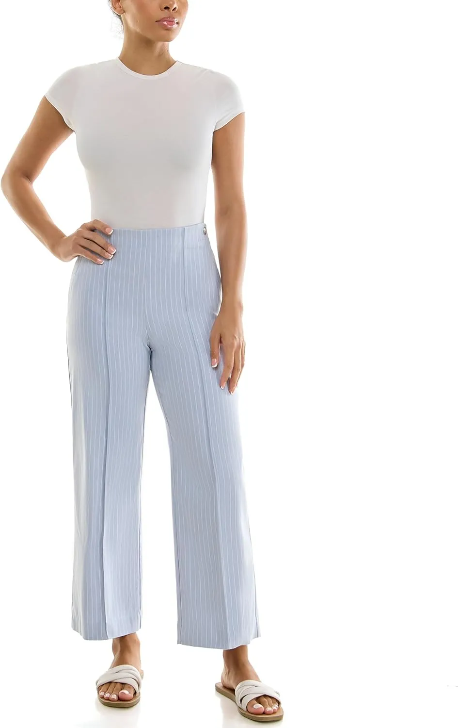 Zac & Rachel Women's Wide Leg Ankle Length Pull On Pant with Fucntional Pockets, Waist Button Detail   Front Stitch Seam