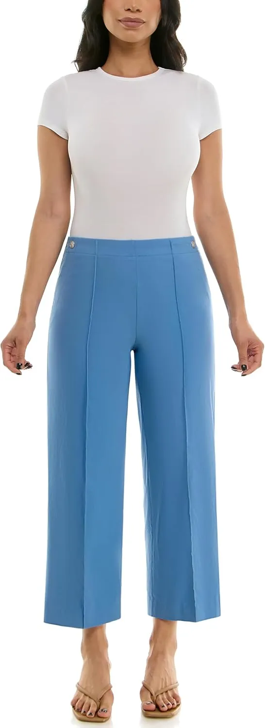 Zac & Rachel Women's Wide Leg Ankle Length Pull On Pant with Fucntional Pockets, Waist Button Detail   Front Stitch Seam
