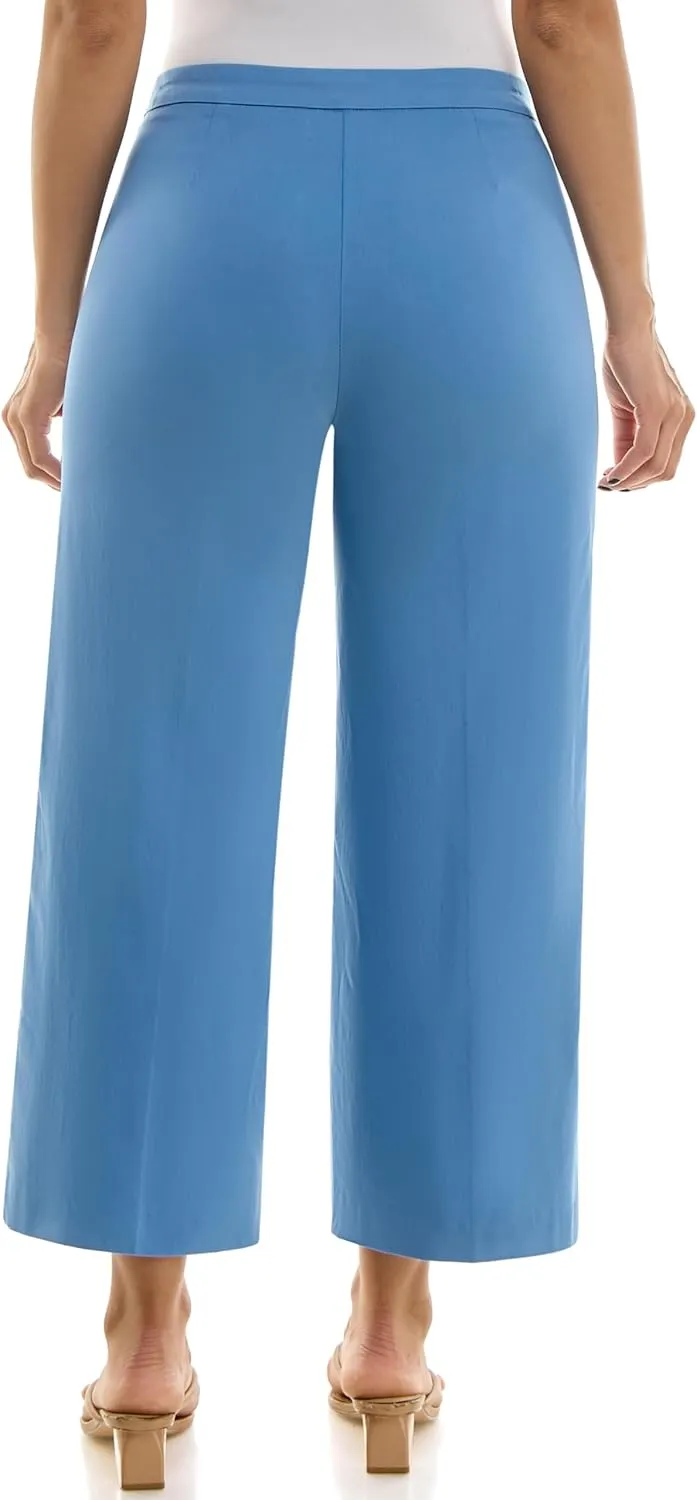 Zac & Rachel Women's Wide Leg Ankle Length Pull On Pant with Fucntional Pockets, Waist Button Detail   Front Stitch Seam